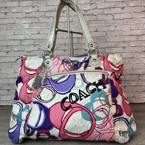 Coach Handbags - HAPPY COACH 17929 Poppy Multi Heart PINK PURPLE Glam 18x12 Tote Bag RARE